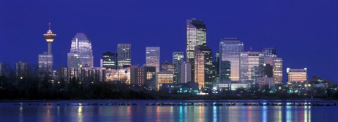 Panoramic image of Calgary at sunrise, "Sunrise in Cow Town"