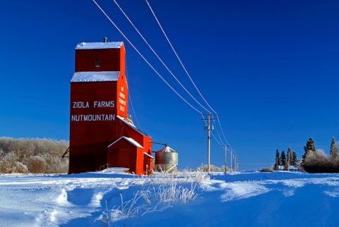 Wooden grain elevator at Nut Mountain, Saskatchewan