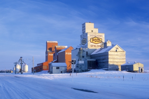 Image of wooden grain elevators at Spalding, Saskatchewan