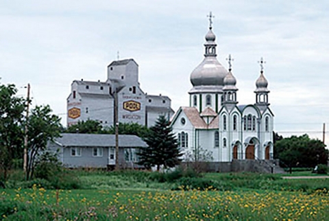 Wroxton grain elevator and Orthodox church, Saskatchewan
