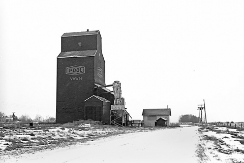 Photograph of wooden grain elevator at Vawn, Saskatchewan