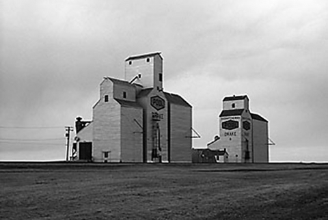 Wooden grain elevators in Drake, Saskatchewan