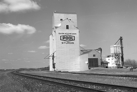 Photograph of wooden grain elevator at Sturgis, Saskatchewan
