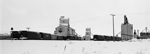 Photograph of wooden grain elevators at Indian Head, Saskatchewan