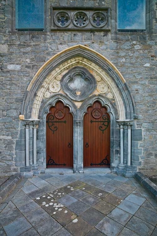 Photo or Side entrance doors to St Candice's Parish Cathedral, Kilkenny, County Kilkenny, Republic of Ireland.
