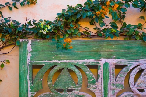A blend of peeling paint and bougainvellea.
