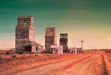 Infrared photo of wooden grain elevators at Verlo, Saskatchewan