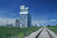 Photograph of wooden grain elevators at Glenside, Saskatchewan.