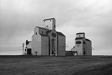 Wooden grain elevators in Drake, Saskatchewan